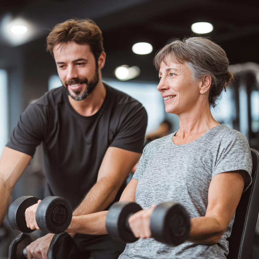 professional fitness trainers working with mature adults